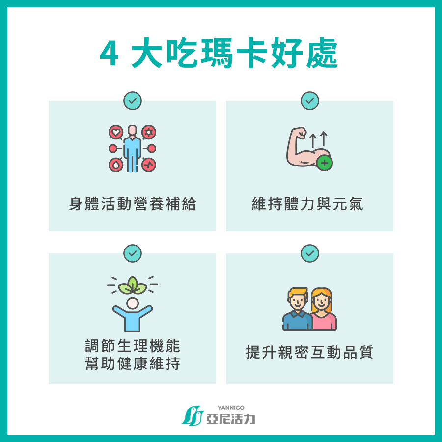 4 大吃瑪卡好處  身體活動營養補給 增強體力，使精神旺盛 調節生理機能 提升親密互動品質