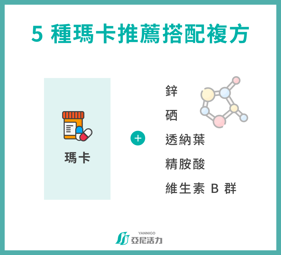5 種瑪卡推薦搭配複方  瑪卡＋鋅 瑪卡＋硒 瑪卡＋透納葉 瑪卡＋精胺酸 瑪卡＋維生素 B 群